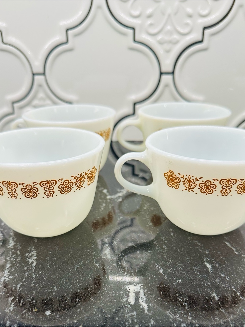 Pyrex White Mugs with Brown Floral Band - Set of 4